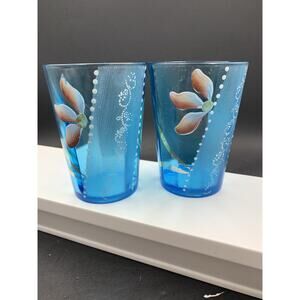 Antique 2 NORTHWOOD Aqua Blue Optic Ribbed Floral Glass Tumblers 1910